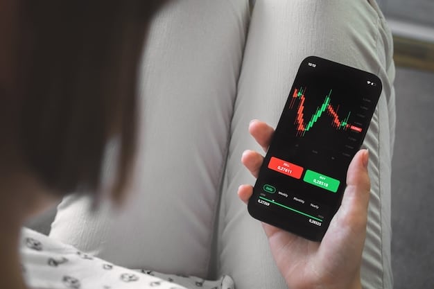 A close-up shot of a smartphone screen showing a stock trading app with various stock charts and financial data displayed. The focus is on the charts indicating growth and potential returns.
