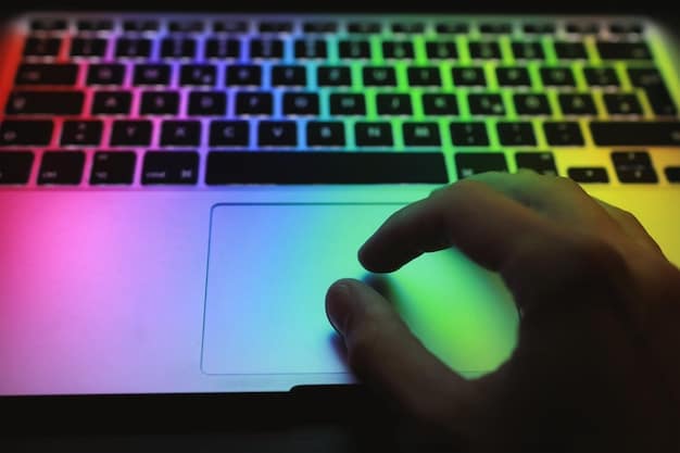 Close-up of hands typing on a keyboard with a colorful digital display reflecting on the screen showing various online platforms such as Etsy, Upwork, and a blog interface. The setting is a bright, modern co-working space.
