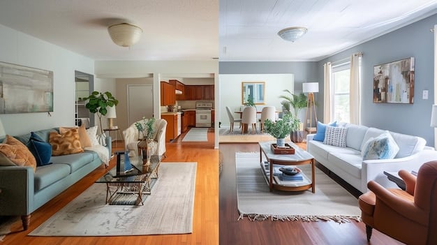 A before-and-after image of a living room. The 