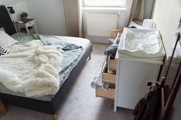 A cozy, minimalist bedroom with a neatly made bed, organized nightstands, and a clean, clutter-free floor. Soft, natural light fills the room, creating a serene atmosphere.