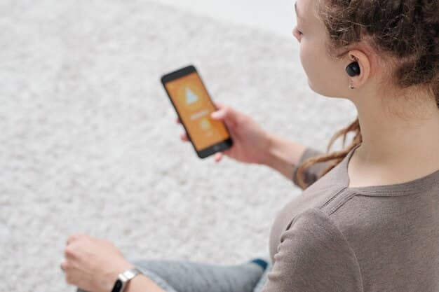A close-up shot of wireless earbuds with a smartphone displaying a podcast app in the background. The focus is on the earbuds, suggesting ease of use and accessibility to audio content during the commute.