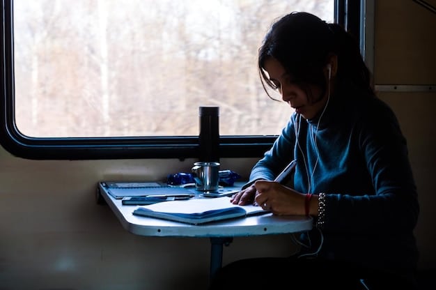 A person sitting on a train, thoughtfully writing in a notebook with a pen. The lighting is soft, and the overall atmosphere conveys focus and productivity.