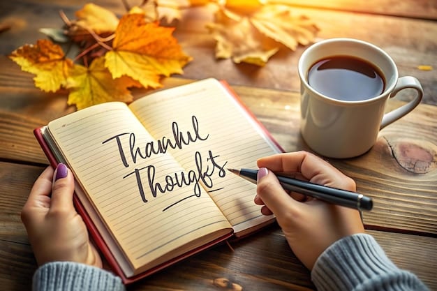A close-up shot of hands writing in a gratitude journal with the words 