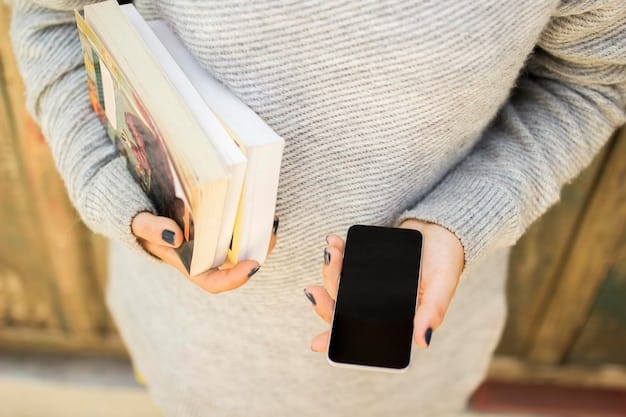 A person using a flashcard app on their smartphone, with the app displaying a spaced repetition schedule. The background shows a library with books on memory and learning.