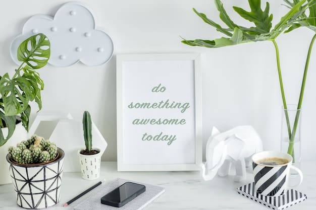 An organized desk with neatly arranged stationery, a potted plant, and a framed inspirational quote. The color scheme is calming and neutral.