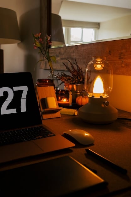 A home office at night with a warm desk lamp illuminating the workspace. The room is cozy and inviting, with soft lighting creating a relaxed atmosphere.