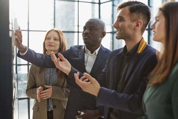 A person confidently gesturing while presenting to an international team, emphasizing the role of language skills in global business.