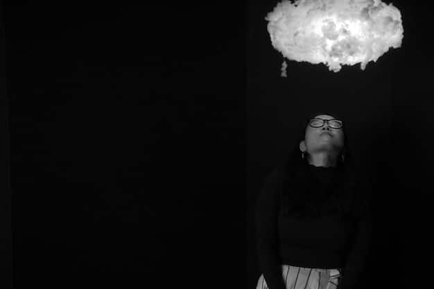 A person sitting alone in a dark room, looking stressed and overwhelmed, with negative thoughts swirling around their head like storm clouds.