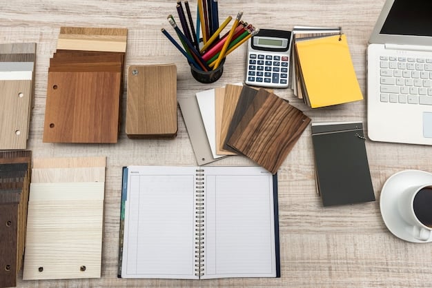 A well-organized workspace showing various tools and materials needed for the pallet coffee table project. The image includes a hammer, saw, drill, measuring tape, sandpaper, wood screws, and paintbrushes. The setup suggests a focused and prepared approach to the DIY project.