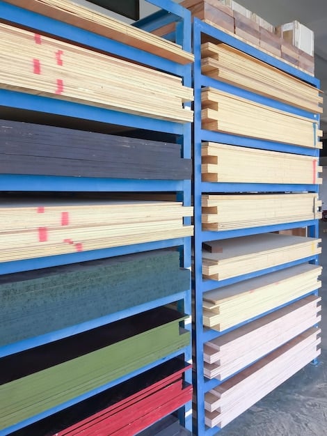 Close-up shot of various wood samples (pine, fir, plywood) and metal shelving components (steel beams, brackets). The image highlights the different textures and finishes of the materials available for building garage shelves.