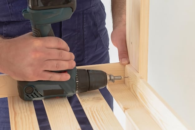 A close-up view of a person using a drill to assemble a wooden bed frame, highlighting the precise alignment and secure fastening of the pieces. The focus is on the craftsmanship and attention to detail involved in building the frame.