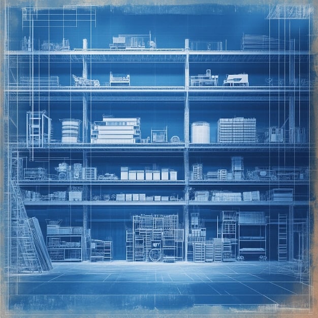 A detailed blueprint of a bookshelf design, showing measurements, shelf placements, and overall dimensions. The blueprint includes annotations and material specifications for a DIY bookshelf project.