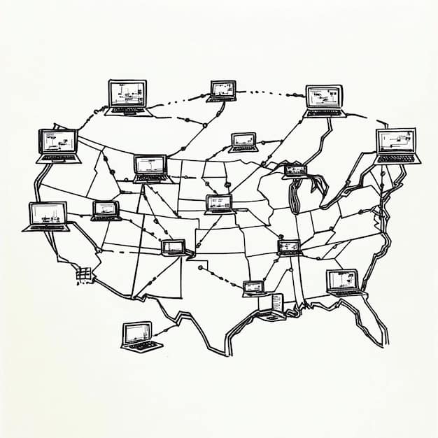 A graphic showing lines connecting US Census data points to various community services like schools, hospitals, and infrastructure projects. The graphic uses visual elements to represent the flow of information and its impact on different areas.
