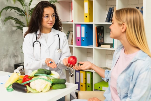 An image showing a doctor or nutritionist explaining the US Dietary Guidelines to a patient, using visual aids like a food pyramid or a chart illustrating recommended daily intakes of different food groups. The setting is a doctor's office or clinic, and the focus is on the interaction and education.