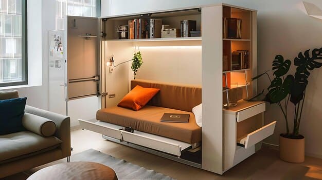 A modern living room with a convertible sofa that can be easily transformed into a guest bed, a built-in bookshelf with a hidden desk, and a large area rug defining the space.