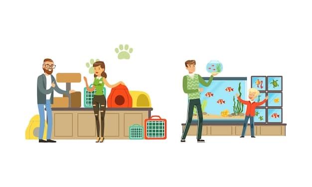 A person is at the checkout counter of a local pet store, shopping for pet food, toys, and other pet-related items. The person is smiling and seems very intentional about the items being purchased.