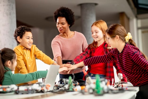 Students working together on a science project involving robotics, showcasing hands-on STEM education and collaboration. The image should be inclusive, featuring diverse students engaged in active learning and problem-solving.