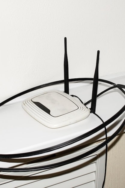 A close-up of a modern Wi-Fi router with various cables connected to it, symbolizing a secure and connected home network. Small digital icons representing data transfer and security protocols surround the router.