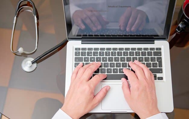 A close-up of a person's hands typing on a laptop, with a healthcare-related website or document visible on the screen. The image highlights the importance of researching and staying informed online.