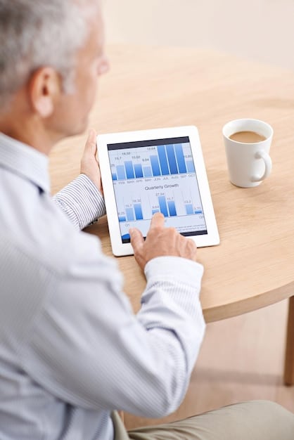 A screenshot of a modern retirement planning app interface, showing interactive charts, graphs, and personalized financial projections on a tablet device.